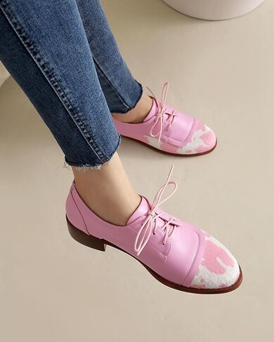 SHEMEE Women's Pony Hair Oxfords Chunky Low Heels Two Tone Brogues Lace Up Splicing Flats Derby Shoes Ponyhair Loafers Brock Design Dress Shoe in Kuwait