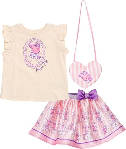 Peppa Pig Girls Tank Top, Satin Skirt and Bag 3 Piece Outfit Set Toddler to Big Kid Sizes (2T - 10-12) in Saudi Arabia