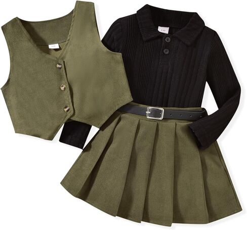 HINTINA Toddler Little Girl Sleeveless Button Vest Ribbed Long Sleeve Collar Top And Pleated Skirt With Belt in Saudi Arabia