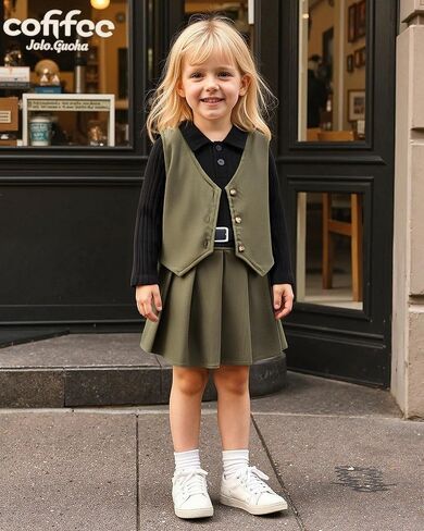HINTINA Toddler Little Girl Sleeveless Button Vest Ribbed Long Sleeve Collar Top And Pleated Skirt With Belt in Saudi Arabia