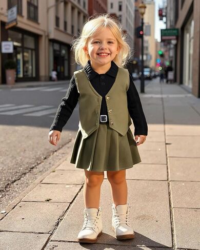 HINTINA Toddler Little Girl Sleeveless Button Vest Ribbed Long Sleeve Collar Top And Pleated Skirt With Belt in Saudi Arabia