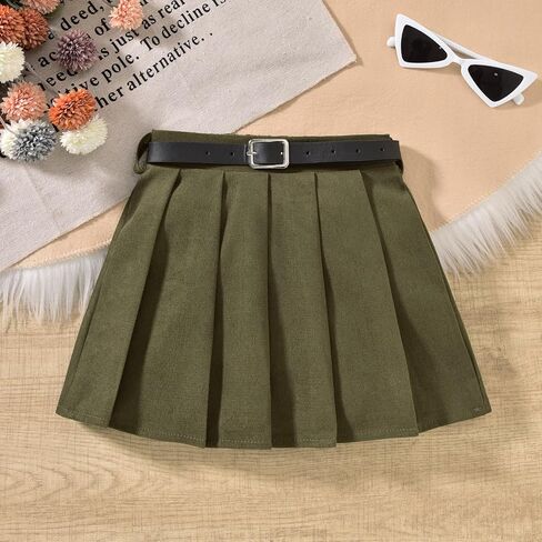 HINTINA Toddler Little Girl Sleeveless Button Vest Ribbed Long Sleeve Collar Top And Pleated Skirt With Belt in Saudi Arabia