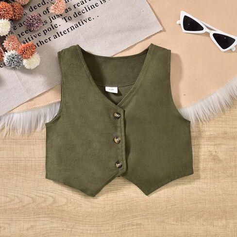 HINTINA Toddler Little Girl Sleeveless Button Vest Ribbed Long Sleeve Collar Top And Pleated Skirt With Belt in Saudi Arabia