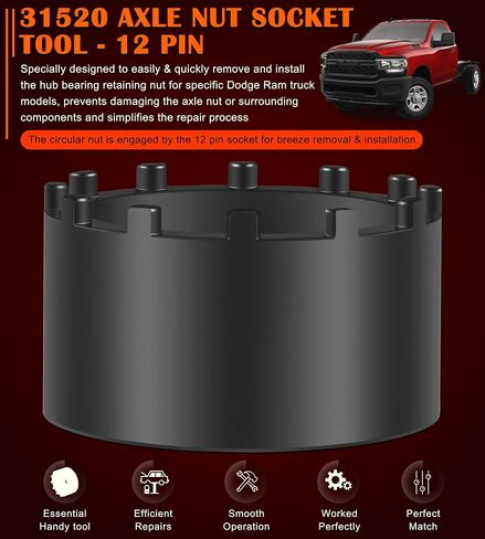 Bonbo 31520 Axle Nut Socket - 12 Pin Hub Bearing Retaining Nut Socket Tool Fits for 2019+ Dodge Ram 3500, 4500 and 5500 Heavy Duty Trucks with 12" Axles, 1/2" Drive in Saudi Arabia