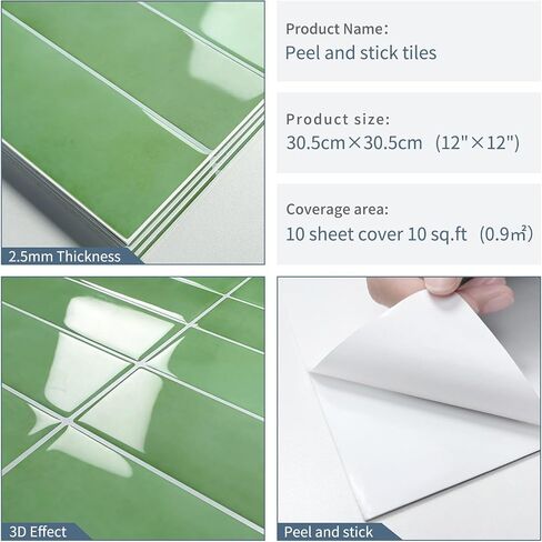 Dark Green Peel and Stick Tile Backsplash Self Adhesive Tiles for Kitchen Wall Bathroom (10-Sheet,12"x12") in Saudi Arabia