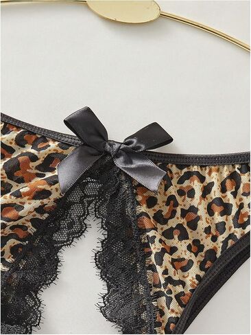 SHENHE Women's Lace Trim Crotchless Panty Thong Leopard Print Low Rise Open Crotch Underwear in Saudi Arabia