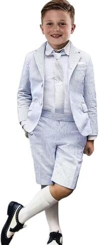 Boys Seersucker Shorts Suit Slim Fit Blazer Jacket Shorts Set Kids Summer Beach Wedding Prom Tuxedo Suits in Saudi Arabia