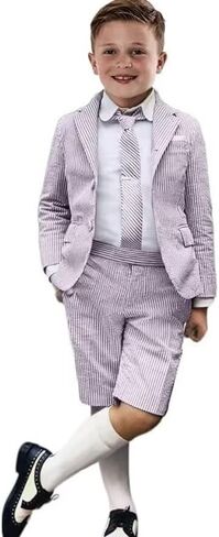Boys Seersucker Shorts Suit Slim Fit Blazer Jacket Shorts Set Kids Summer Beach Wedding Prom Tuxedo Suits in Saudi Arabia