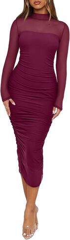 REORIA Women's Fall Mesh Long Sleeve Midi Ruched Bodycon Dress Mock Neck Elegant Club Evening Party Cocktail Dresses in Saudi Arabia