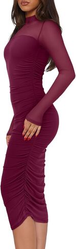 REORIA Women's Fall Mesh Long Sleeve Midi Ruched Bodycon Dress Mock Neck Elegant Club Evening Party Cocktail Dresses in Saudi Arabia