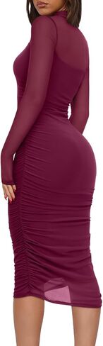 REORIA Women's Fall Mesh Long Sleeve Midi Ruched Bodycon Dress Mock Neck Elegant Club Evening Party Cocktail Dresses in Saudi Arabia