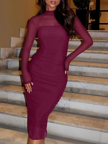 REORIA Women's Fall Mesh Long Sleeve Midi Ruched Bodycon Dress Mock Neck Elegant Club Evening Party Cocktail Dresses in Saudi Arabia