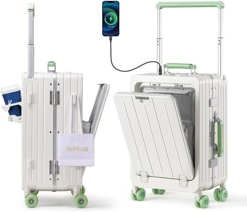 Carry On Luggage with Front Cover Compartment, Aluminium Frame Rolling Suitcase with Skate Wheels, USB Ports, Cup Holder, TSA Lock (GrayBrown, 21-Inch) in Saudi Arabia