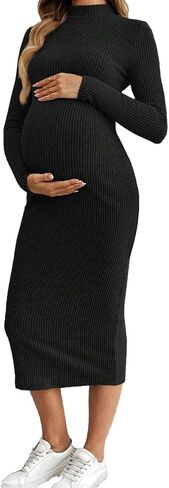MakeMeChic Women's Maternity Dress Long Sleeve Pregnancy Mock Neck Casual Knit Bodycon Midi Dresses in Saudi Arabia