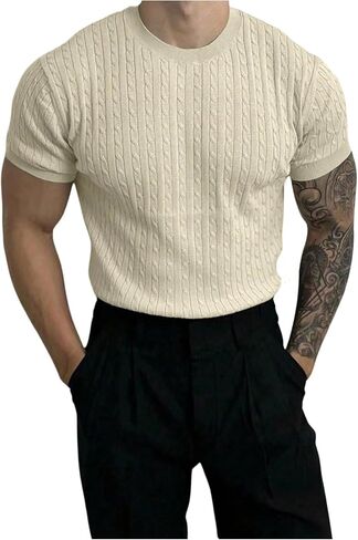 SHENHE Men's Knit Shirt Cable Knit Short Sleeve Sweater Pullover Crew Neck Fashion Clothes in Saudi Arabia