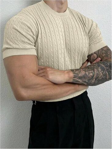 SHENHE Men's Knit Shirt Cable Knit Short Sleeve Sweater Pullover Crew Neck Fashion Clothes in Saudi Arabia