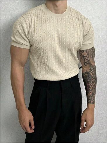 SHENHE Men's Knit Shirt Cable Knit Short Sleeve Sweater Pullover Crew Neck Fashion Clothes in Saudi Arabia
