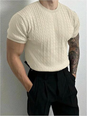SHENHE Men's Knit Shirt Cable Knit Short Sleeve Sweater Pullover Crew Neck Fashion Clothes in Saudi Arabia