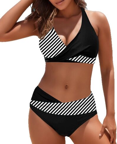 Women's Two-Piece Swimsuit, Striped Pattern, Black and White, Athletic Style Bikini Set in Saudi Arabia