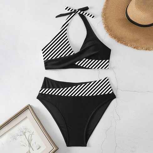 Women's Two-Piece Swimsuit, Striped Pattern, Black and White, Athletic Style Bikini Set in Saudi Arabia