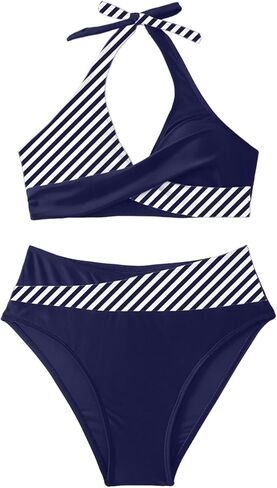 Women's Two-Piece Swimsuit, Striped Pattern, Black and White, Athletic Style Bikini Set in Saudi Arabia