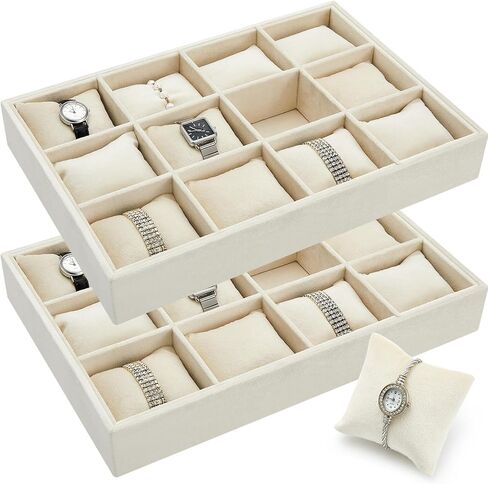 Henoyso 2 Pieces 12 Grid Velvet Watch Tray Jewelry Organizer Stackable Watch Bracelet Bangle Display Holder Adjustable Pillow(Beige) in Saudi Arabia