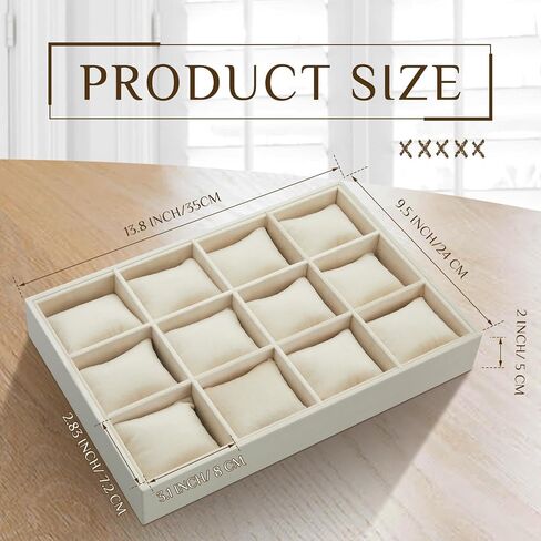 Henoyso 2 Pieces 12 Grid Velvet Watch Tray Jewelry Organizer Stackable Watch Bracelet Bangle Display Holder Adjustable Pillow(Beige) in Saudi Arabia
