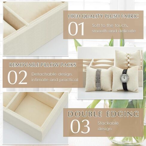 Henoyso 2 Pieces 12 Grid Velvet Watch Tray Jewelry Organizer Stackable Watch Bracelet Bangle Display Holder Adjustable Pillow(Beige) in Saudi Arabia