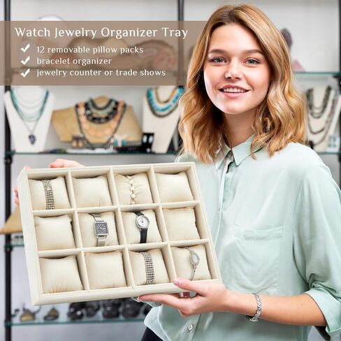 Henoyso 2 Pieces 12 Grid Velvet Watch Tray Jewelry Organizer Stackable Watch Bracelet Bangle Display Holder Adjustable Pillow(Beige) in Saudi Arabia