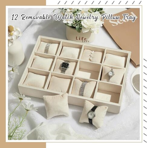 Henoyso 2 Pieces 12 Grid Velvet Watch Tray Jewelry Organizer Stackable Watch Bracelet Bangle Display Holder Adjustable Pillow(Beige) in Saudi Arabia