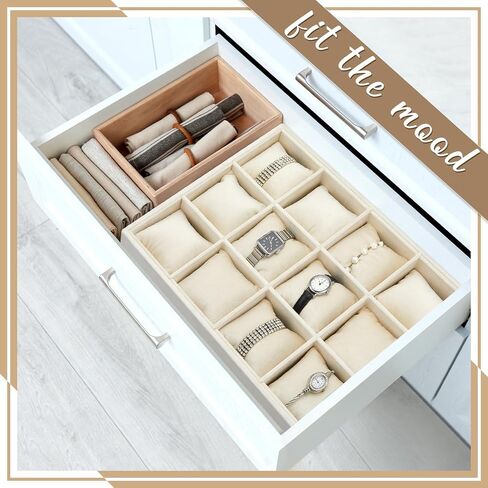 Henoyso 2 Pieces 12 Grid Velvet Watch Tray Jewelry Organizer Stackable Watch Bracelet Bangle Display Holder Adjustable Pillow(Beige) in Saudi Arabia