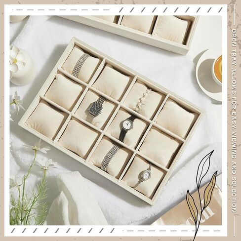 Henoyso 2 Pieces 12 Grid Velvet Watch Tray Jewelry Organizer Stackable Watch Bracelet Bangle Display Holder Adjustable Pillow(Beige) in Saudi Arabia