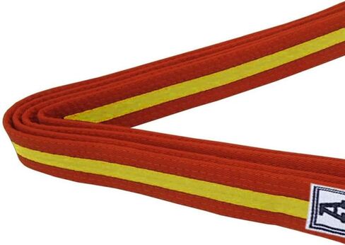 حزام الكاراتيه الممتاز ، حزام القماش القطني للقطن القتالي بنسبة 100 ٪ للكاراتيه ، التايكوندو والجودو ، متين ، مريح وآمن ، مثالي للتدريب والمنافسة ، برتقالي مع أصفر وحجم 2 - 89 بوصة in Kuwait