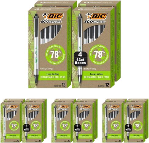 BIC Ecolutions Clic Stic Black Ballpoint Pens, Medium Point (1.0mm), 48-Count Pack, Retractable Ball Point Pens Made from 78% Recycled Plastic in Saudi Arabia