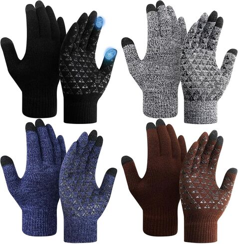 SATINIOR 4 Pairs Winter Gloves for Men Knit Warm Lining Cold Weather Gloves with Anti Slip Grips Touch Screen Texting Mittens in Kuwait