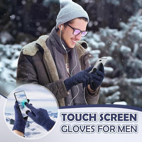 SATINIOR 4 Pairs Winter Gloves for Men Knit Warm Lining Cold Weather Gloves with Anti Slip Grips Touch Screen Texting Mittens in Kuwait