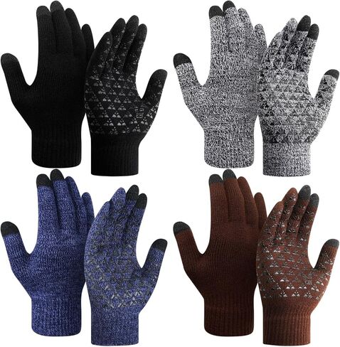 SATINIOR 4 Pairs Winter Gloves for Men Knit Warm Lining Cold Weather Gloves with Anti Slip Grips Touch Screen Texting Mittens in Kuwait