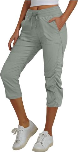 Womens Athletic Capri Pants Side Luched Capris تمرينات خفيفة الوزن يركض الركض مع جيوب in Kuwait