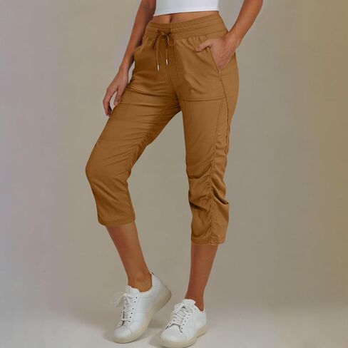 Womens Athletic Capri Pants Side Luched Capris تمرينات خفيفة الوزن يركض الركض مع جيوب in Kuwait
