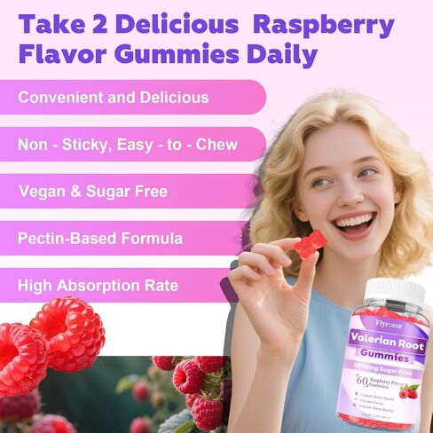 Valerian Root Gummies - Sugar Free Valerian Root Supplement for Adults, Herbal Supplement for Relaxation, Calming & Zzz, Vegan, Raspberry Flavor, 60 Count in Saudi Arabia