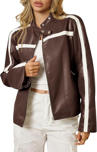 Tankaneo Womens Faux Leather Bomber Jackets Zip Up Color Block Moto Biker Jacket Casual Vintage Y2K Racing Coat in Saudi Arabia