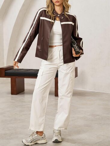 Tankaneo Womens Faux Leather Bomber Jackets Zip Up Color Block Moto Biker Jacket Casual Vintage Y2K Racing Coat in Saudi Arabia