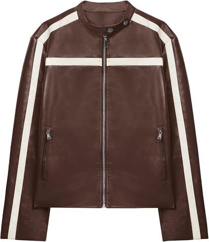 Tankaneo Womens Faux Leather Bomber Jackets Zip Up Color Block Moto Biker Jacket Casual Vintage Y2K Racing Coat in Saudi Arabia