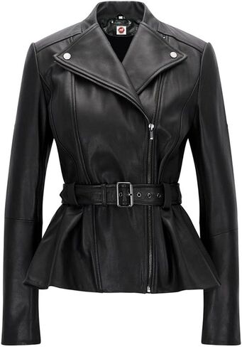 Belle Black Blazar Trench Coat Belted Peplum Real Leather Jacket Women in Saudi Arabia