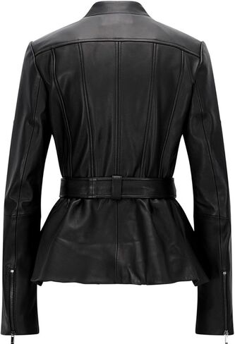 Belle Black Blazar Trench Coat Belted Peplum Real Leather Jacket Women in Saudi Arabia