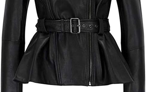 Belle Black Blazar Trench Coat Belted Peplum Real Leather Jacket Women in Saudi Arabia