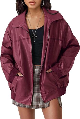 Leather Jackt Women, Faux Suede Oversized Motorcycle Bomber Coats, 2025 Fall Fashion Y2K Outfits Winter Clothes in Kuwait