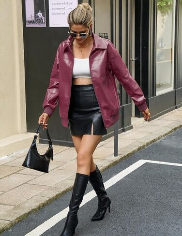 Leather Jackt Women, Faux Suede Oversized Motorcycle Bomber Coats, 2025 Fall Fashion Y2K Outfits Winter Clothes in Kuwait