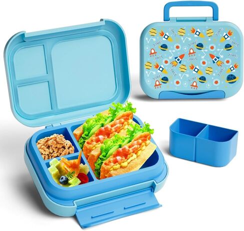 Prints Leak-Proof XL Lunch Box - Reusable 3-Compartment Containers Bento Box for meal Prepping;5-Cup Capacity for Adults & Ages 8+, BPA-Free, Dishwasher Safe (Yellow - Trucks) in Saudi Arabia