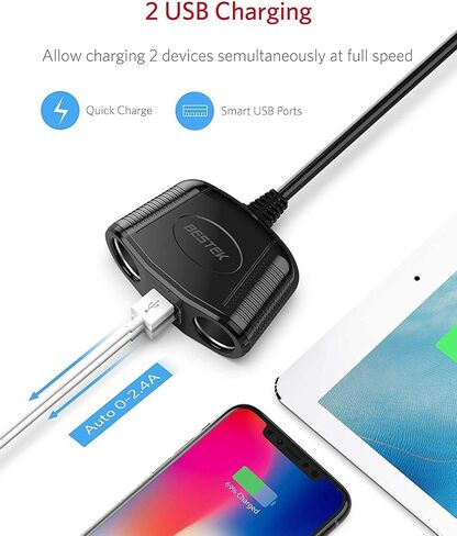 BESTEK Cigarette Lighter Splitter Adapter - 150W Car Charger Adapter with 2-Socket Dual 12v Splitter 2.4A USB DC Cigarette Outlet and PD30W Car Charger Super Fast Charger in Saudi Arabia